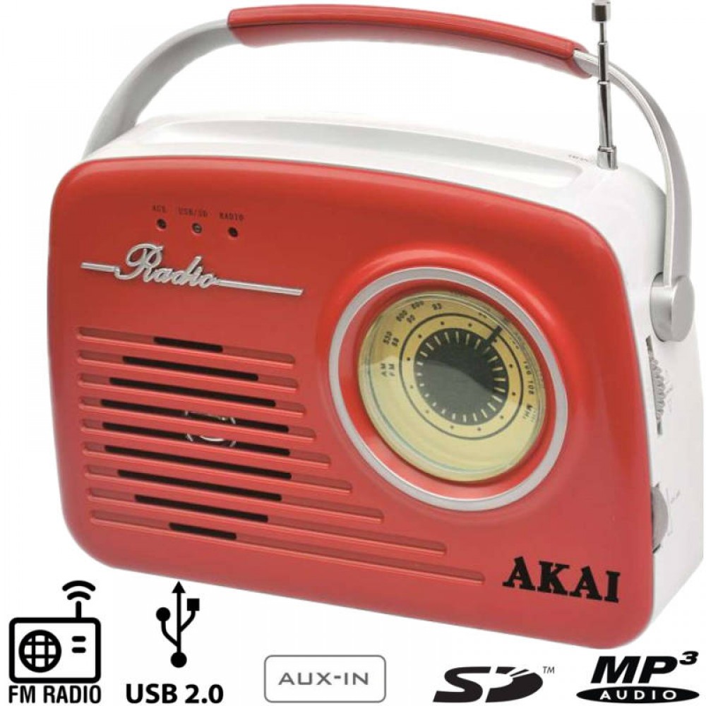 Akai APR-11R Ρετρό Φορητό Ραδιόφωνο Με USB, Κάρτα SD Και Aux-In