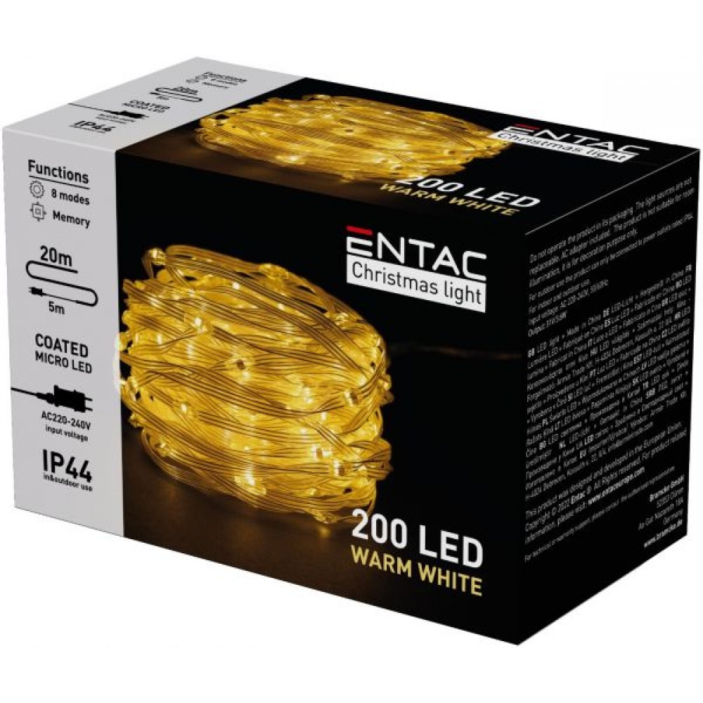 Entac Χριστουγεννιάτικα IP44 200 Επικαλυμμένες PVC Ψείρες LED Θερμό 20m Εξωτερικού Χώρου