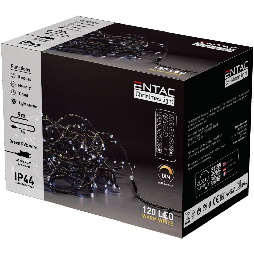 Entac Χριστουγεννιάτικα Λαμπάκια IP44 120 LED Θερμό 9m με Τηλεχειριστήριο