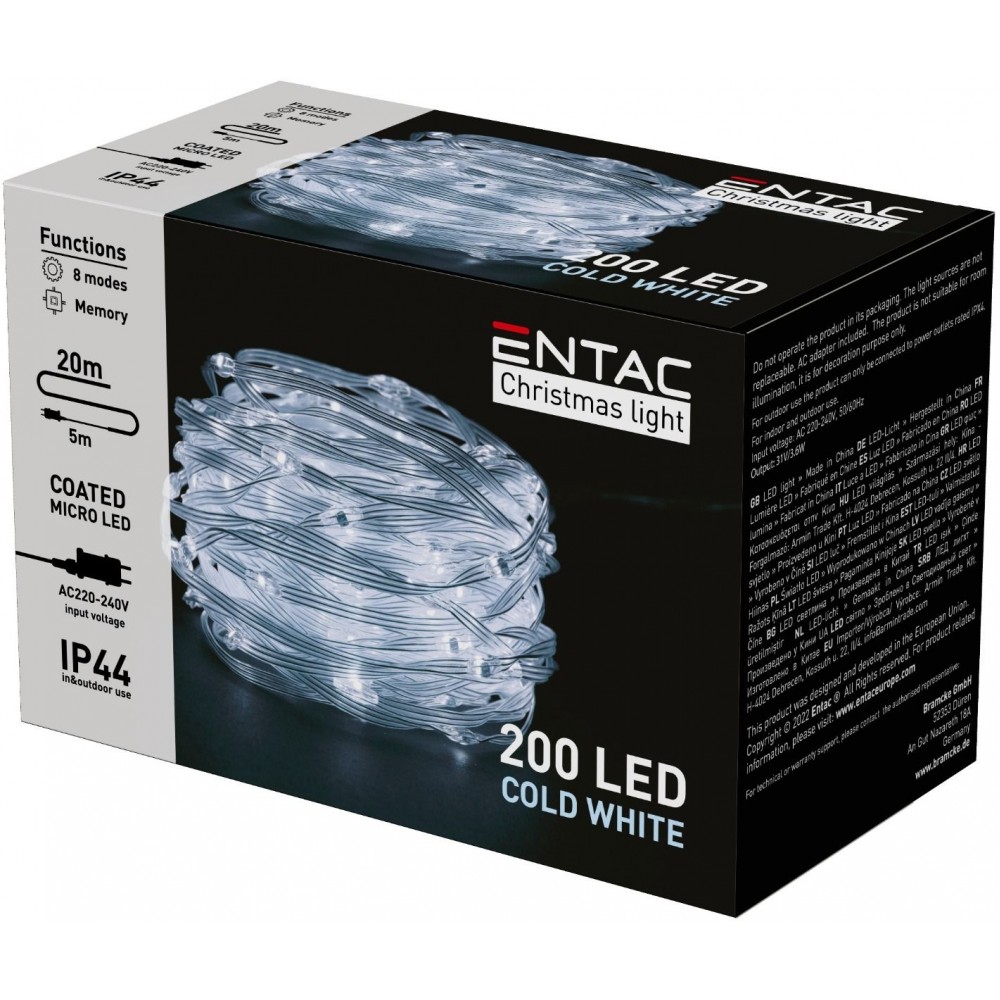 Entac Χριστουγεννιάτικα IP44 200 Επικαλυμμένες PVC Ψείρες LED Ψυχρό 20m