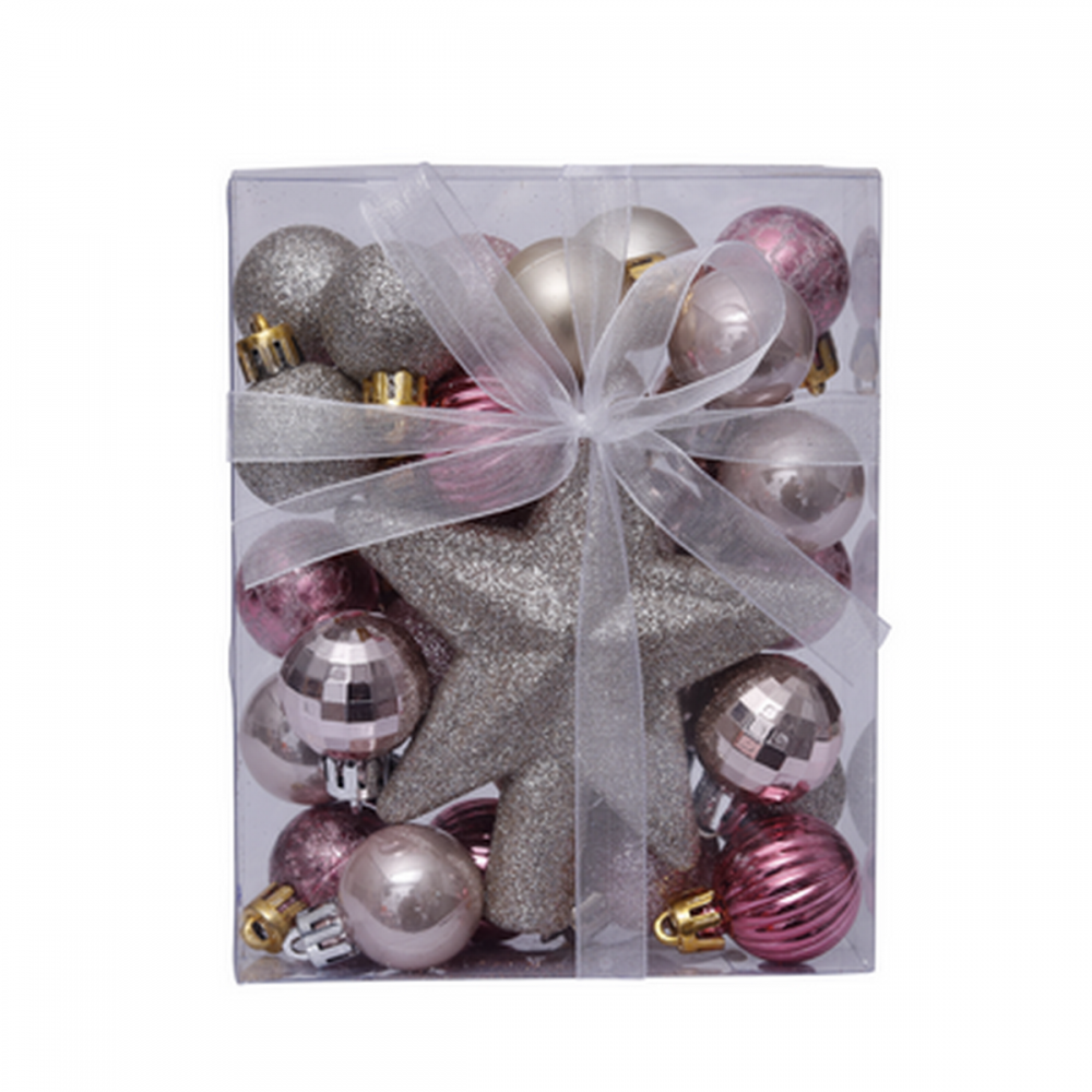 Artezan Χριστουγεννιάτικες Μπάλες 3cm Full Set Ασημί Ροζ + Αστέρι Κορυφή Δέντρου 30τμχ/κουτί