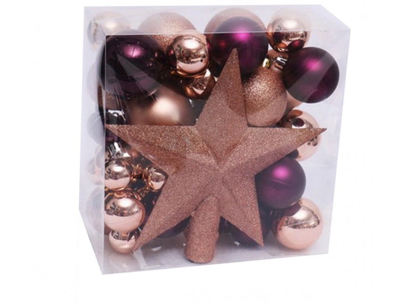 Artezan Χριστουγεννιάτικες Μπάλες 3-8cm Full Set Χρυσό και Μώβ Mix + Αστέρι Κορυφής Δέντρου 52τμχ/κουτί