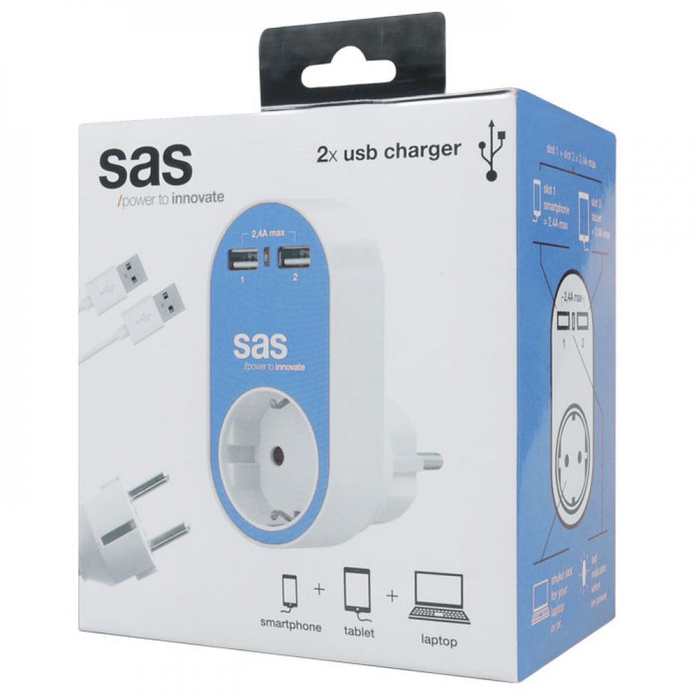 Αντάπτορας Mε 1 Πρίζα Σουκο Και 2 Εξόδους USB 2,4Α Συνολική Δυνατότητα Φόρτισης