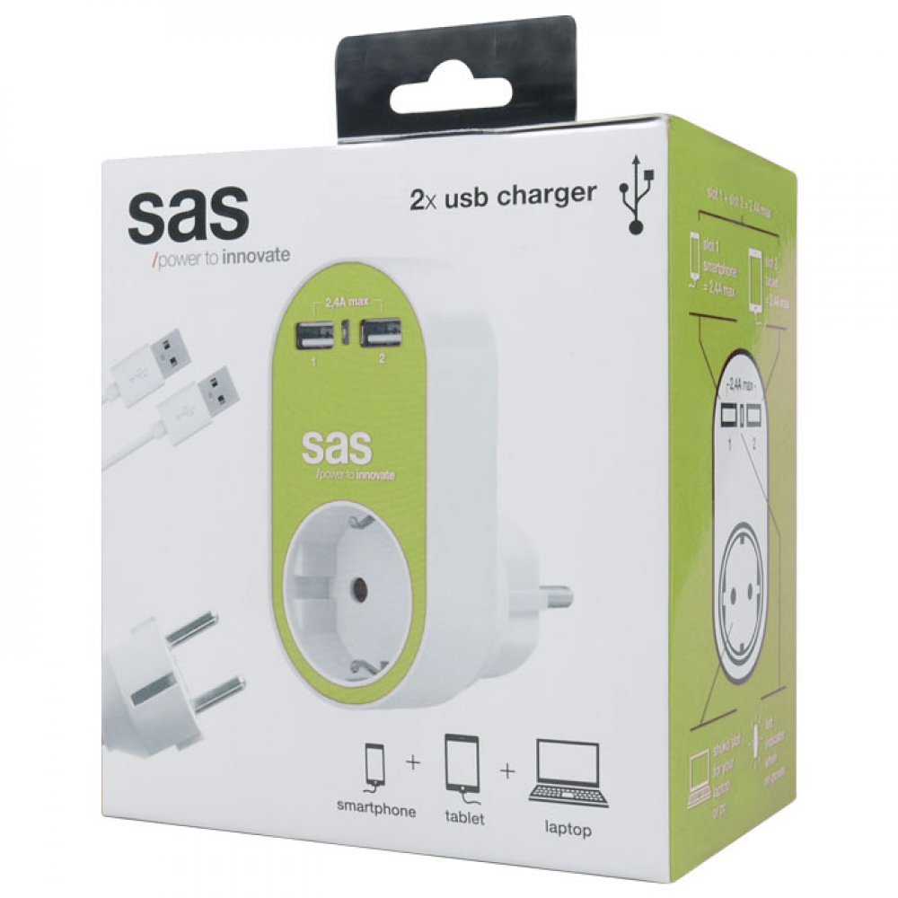 Αντάπτορας Με 1 Πρίζα Σουκο Και 2 Εξόδους USB 2,4Α Συνολική Δυνατότητα Φόρτισης