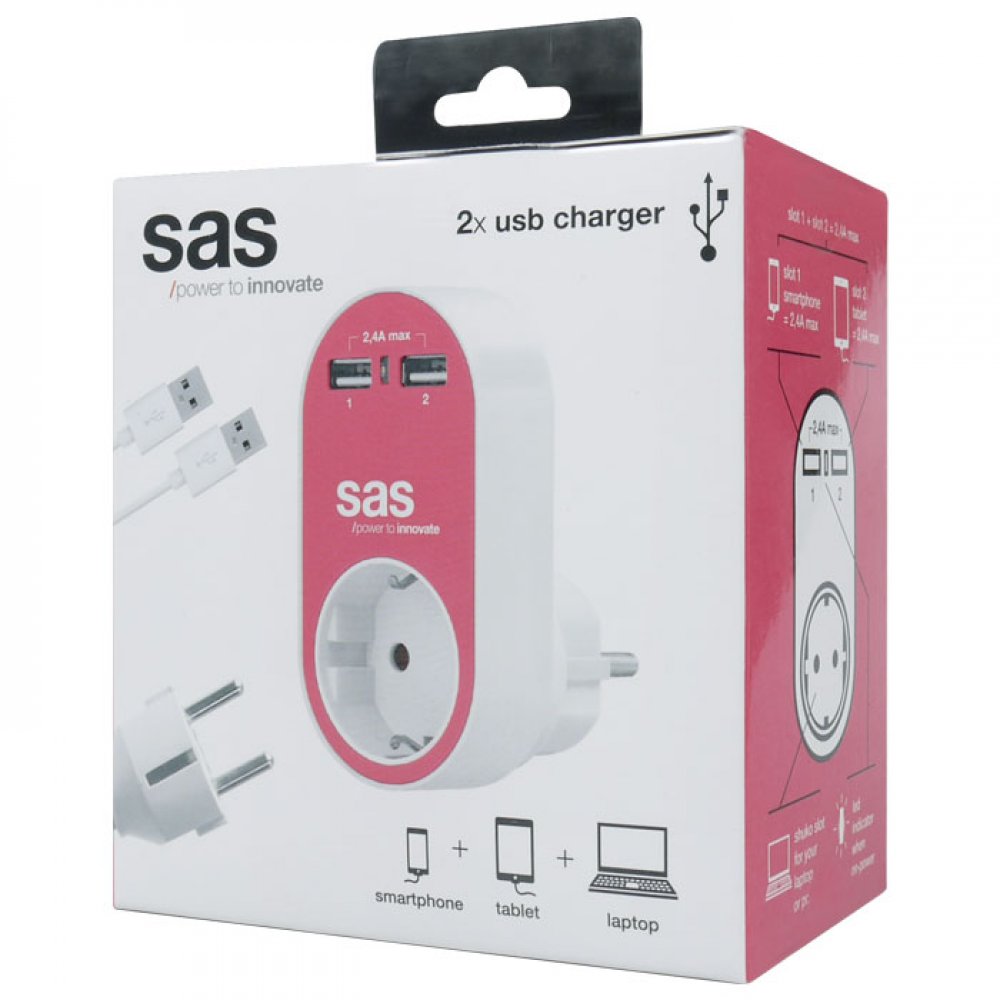 Αντάπτορας Με 1 Πρίζα Σουκο Και 2 Εξόδους USB 2,4Α Συνολική Δυνατότητα Φόρτισης