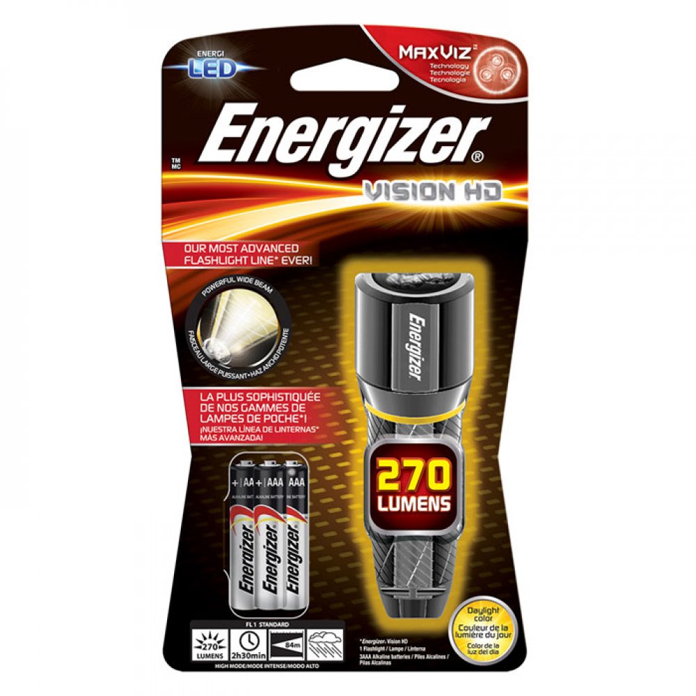  Φακός Energizer Vision HD με 3 μπαταρίες AAA και φωτεινότητα 270 Lumens. 