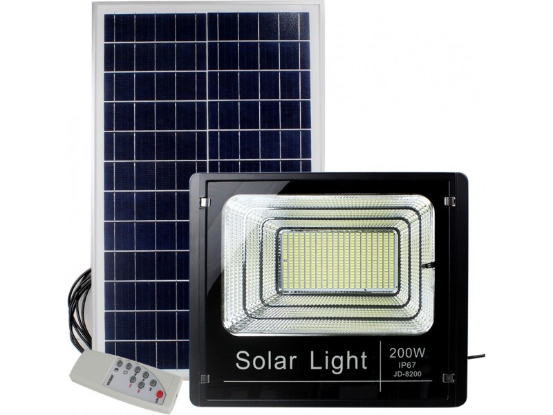 Στεγανός Ηλιακός Προβολέας Ισχύος 200W Με Τηλεχειριστήριο & Αισθητήρα Φωτός Σε Μαύρο Χρώμα