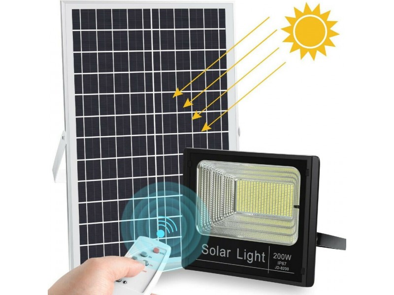 Στεγανός Ηλιακός Προβολέας Ισχύος 200W Με Τηλεχειριστήριο & Αισθητήρα Φωτός Σε Μαύρο Χρώμα